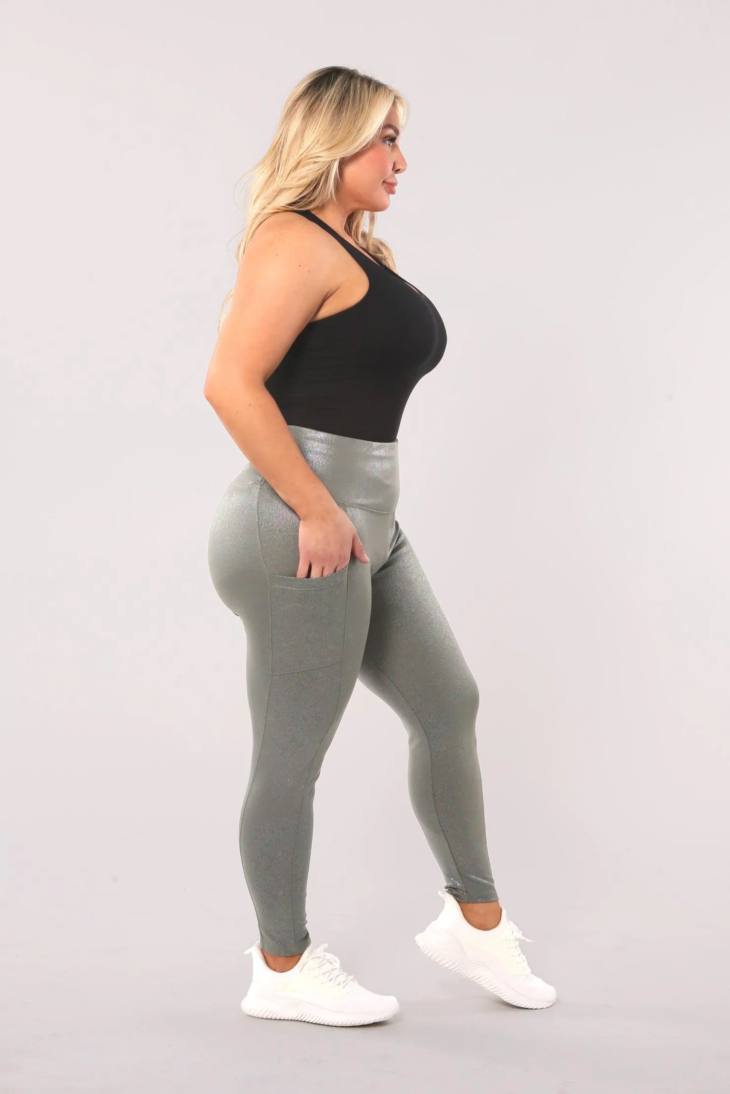 Shiny Heat Seal Print High Waist Tummy Control Sports Leggings With Pockets - Sage