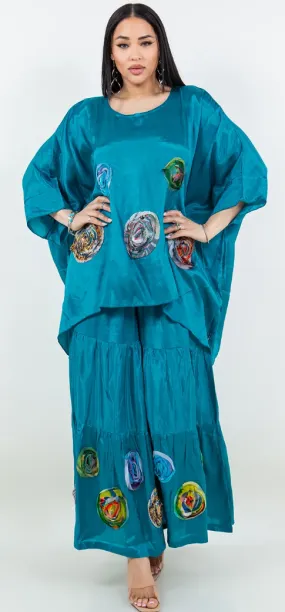 Teal & Rosettes Sunheart  Top & Palazzo Pants Set Boho Hippie Chic Resort Wear Sml-2X 