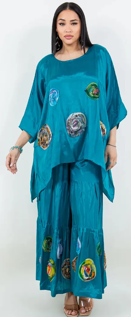 Teal & Rosettes Sunheart  Top & Palazzo Pants Set Boho Hippie Chic Resort Wear Sml-2X 