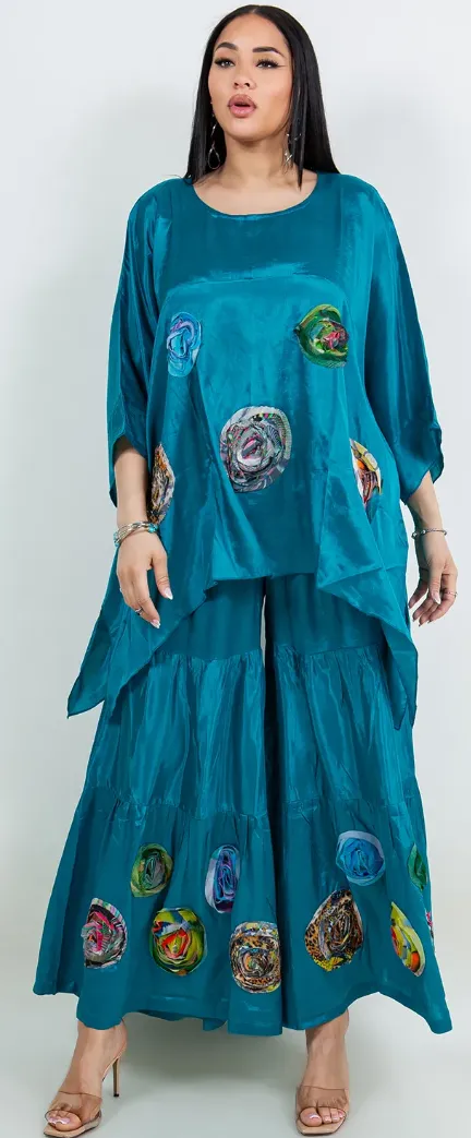 Teal & Rosettes Sunheart  Top & Palazzo Pants Set Boho Hippie Chic Resort Wear Sml-2X 