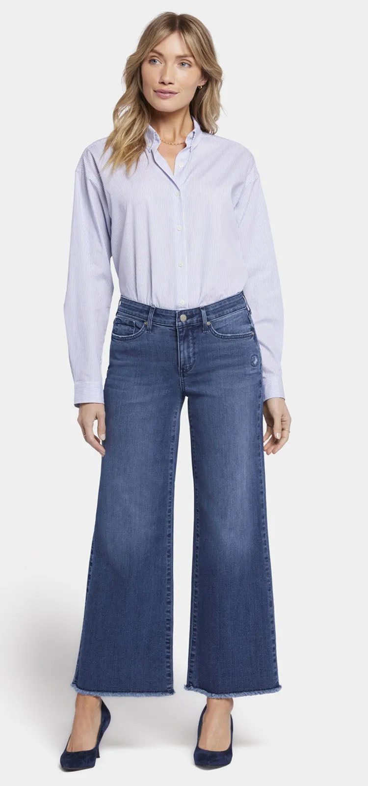 Teresa Wide Leg Ankle Jeans Gerafelde Zoom Mediumblauw Premium Denim | Riverwalk